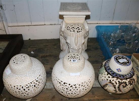 Chinese elephant seat and 3 jars and covers
